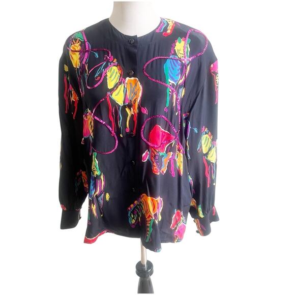 Escada By Margaretha Ley 100% Silk Neon Zebra Print Blouse Sequins Size 42/Large - Picture 1 of 10
